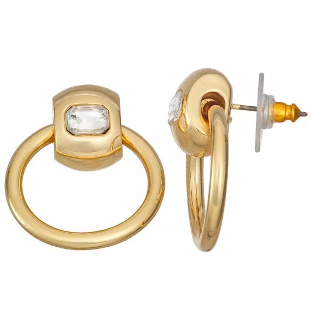 NINE WEST Mod/Contemporary Gold Clear Crystal Door Knocker Earrings**NEW! - Picture 3 of 4